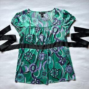 Y2K Style & Co Satin Like Floral Top Tie Waist Short Sleeve Womens Medium 90s